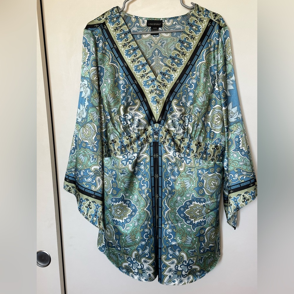 Lane Bryant Paisley Blue Green Black Top 3/4 Sleeve Size 14/16